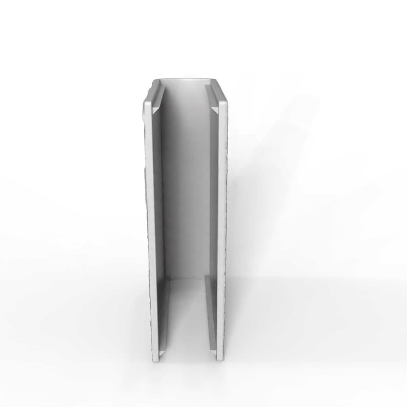 May include: A light gray, U-shaped metal channel, possibly for construction or framing. The channel has a rectangular cross-section with a slightly textured surface. The object is set against a white background.