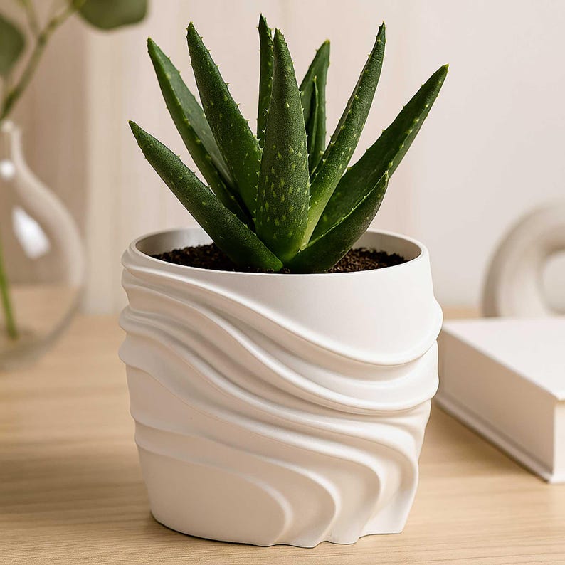 May include: A potted aloe vera plant in a white ceramic planter. The plant has dark green, spiky leaves with white spots. The planter has a wavy, textured design. The pot is sitting on a light-colored wooden surface.