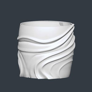 May include: A white, cylindrical planter with a draped fabric design. The planter has a smooth, flowing texture, with the fabric-like material cascading down the sides. The top rim is a simple, clean line. The overall design is modern and minimalist.