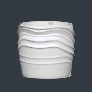 May include: A white, cylindrical planter with a wavy, textured exterior. The design features horizontal, undulating ridges that wrap around the planter's body. The top rim is smooth, and the overall aesthetic is modern and minimalist.