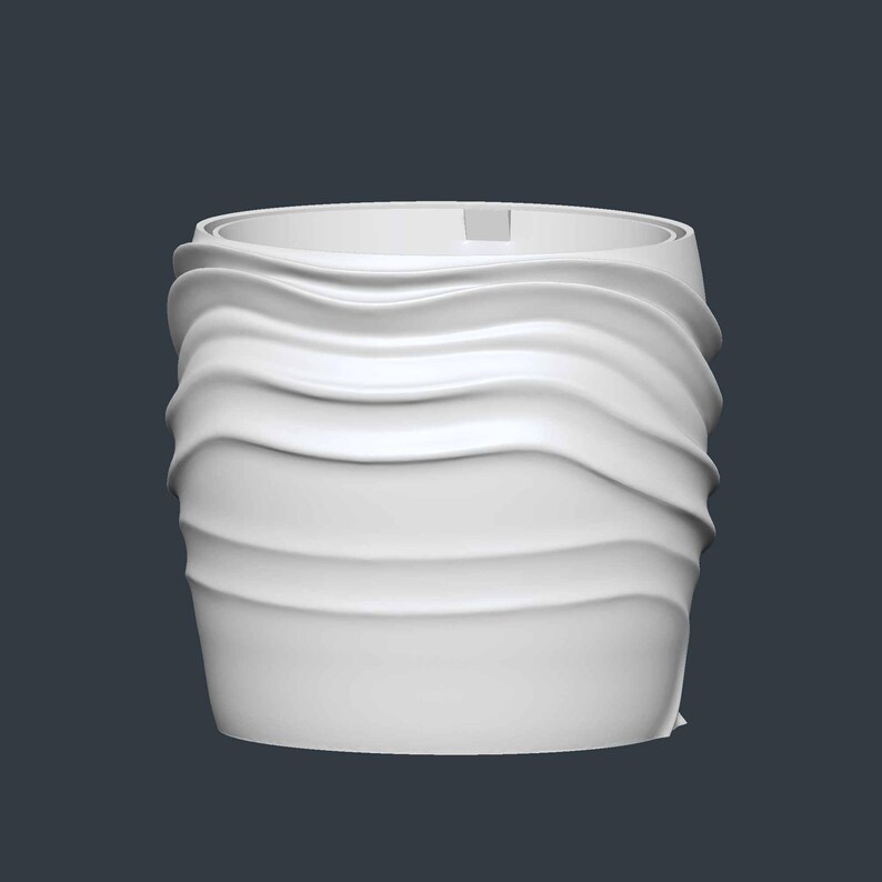 May include: A white, cylindrical planter with a wavy, textured exterior. The design features horizontal, undulating ridges that wrap around the planter's body. The top rim is smooth, and the overall aesthetic is modern and minimalist.