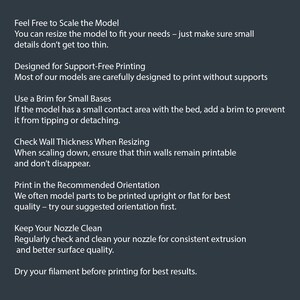 May include: Dark gray graphic with white text providing 3D printing tips. The text includes advice on scaling models, support-free printing, using brims, checking wall thickness, print orientation, nozzle maintenance, and filament drying.