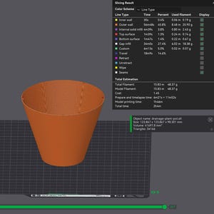 May include: An orange, cone-shaped 3D-printed plant pot. The image shows the slicing result details, including line type, time, and filament used. The pot's dimensions are 123.867 x 123.867 x 98.301 mm.