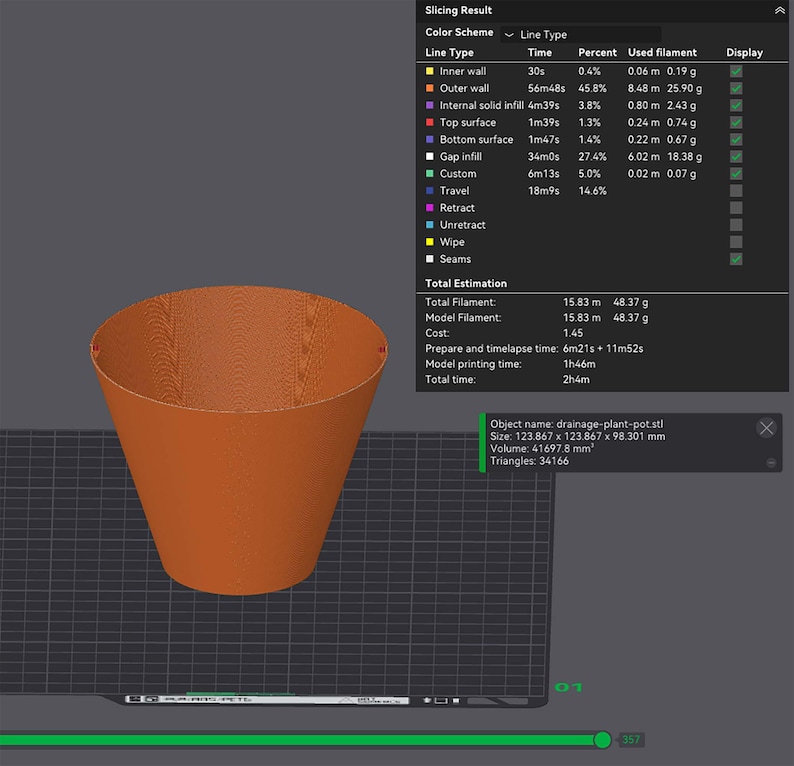 May include: An orange, cone-shaped 3D-printed plant pot. The image shows the slicing result details, including line type, time, and filament used. The pot's dimensions are 123.867 x 123.867 x 98.301 mm.