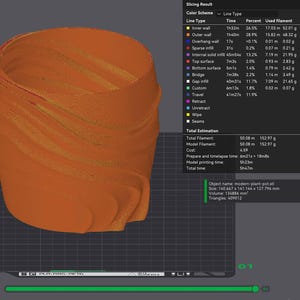 May include: A 3D-rendered orange plant pot with a unique, textured design. The pot's dimensions are approximately 5.5 x 5.6 x 5 inches. The image includes a slicing result table with details on filament usage and printing time.