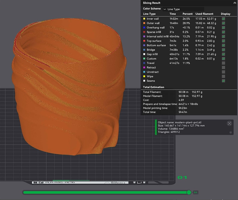 May include: A 3D-rendered orange plant pot with a unique, textured design. The pot's dimensions are approximately 5.5 x 5.6 x 5 inches. The image includes a slicing result table with details on filament usage and printing time.