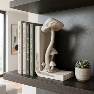 May include: Off-white mushroom-shaped bookends with a detailed design, holding several books with titles like "The Hidden Life of Trees" and "Botanical Design." A small potted succulent sits nearby on a dark shelf.