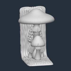May include: A white, 3D-printed mushroom sculpture. The sculpture features a large mushroom cap, a smaller mushroom, and a textured tree-like base. The design is detailed, with visible gills and textured surfaces.