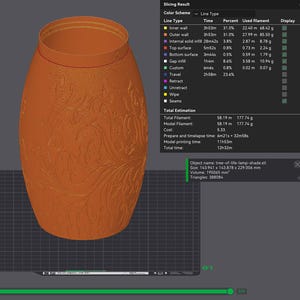 May include: A 3D-printed orange lamp shade with a tree-of-life design. The cylindrical shade has a wide opening and is decorated with a detailed floral pattern. The dimensions are approximately 5.67 inches x 5.66 inches x 9.02 inches.