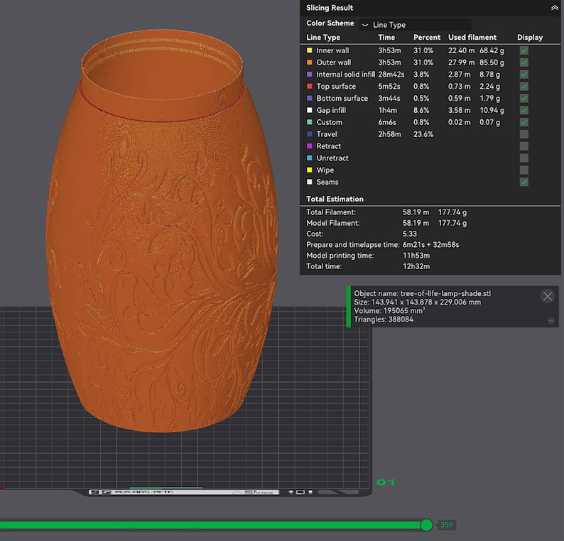 May include: A 3D-printed orange lamp shade with a tree-of-life design. The cylindrical shade has a wide opening and is decorated with a detailed floral pattern. The dimensions are approximately 5.67 inches x 5.66 inches x 9.02 inches.