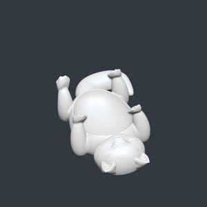 May include: A white, stylized 3D rendering of a cat lying on its back. The cat has its paws raised and its eyes closed, with a small tail. The background is a solid, dark gray color.