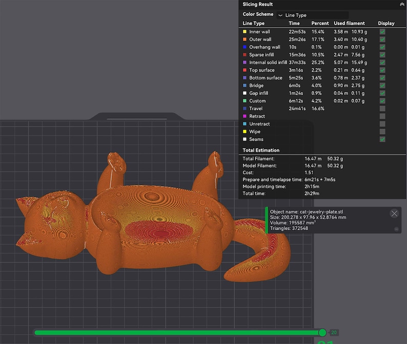 May include: A 3D-printed orange cat-shaped jewelry plate, lying on its back. The plate's design shows internal structures and measurements. The object's size is 200.278 x 97.96 x 52.8764 mm.