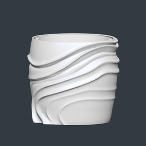 May include: A white, cylindrical vase with a unique, flowing design. The exterior features a series of wave-like patterns that wrap around the body of the vase. The top rim is smooth, contrasting with the textured sides. The vase is made of a solid, opaque material.