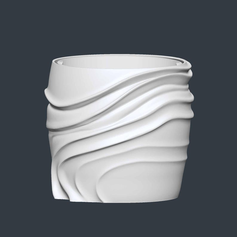 May include: A white, cylindrical vase with a unique, flowing design. The exterior features a series of wave-like patterns that wrap around the body of the vase. The top rim is smooth, contrasting with the textured sides. The vase is made of a solid, opaque material.
