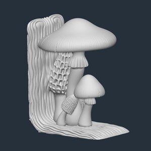 May include: A 3D-printed, off-white mushroom-themed bookend. The design features three different mushroom types, with detailed textures on the caps and stems. The bookend is set against a textured, tree-like backdrop.