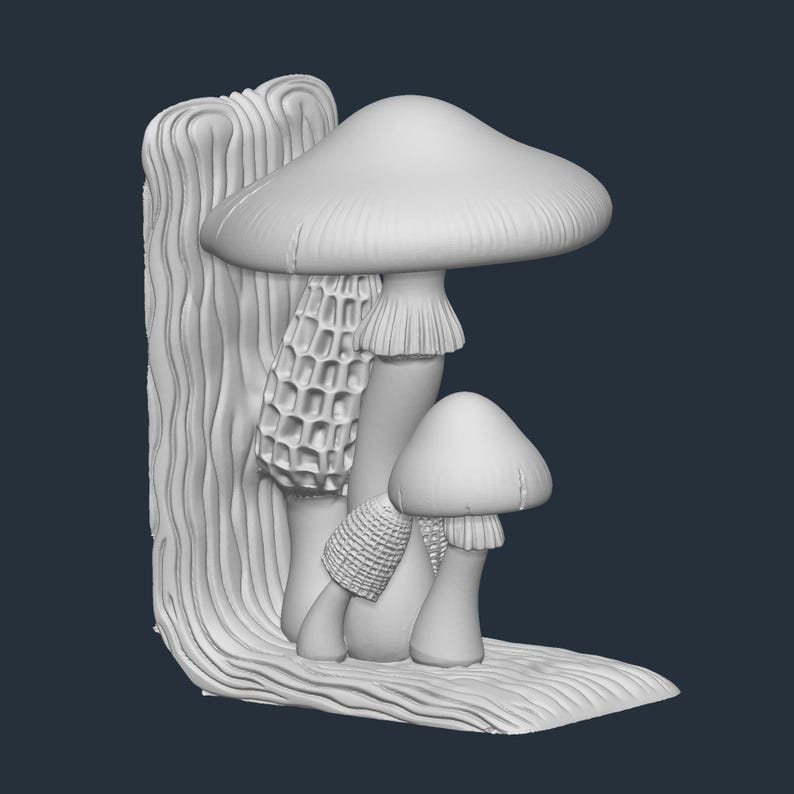 May include: A 3D-printed, off-white mushroom-themed bookend. The design features three different mushroom types, with detailed textures on the caps and stems. The bookend is set against a textured, tree-like backdrop.