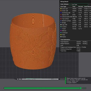 May include: A 3D-printed orange peony plant pot with a textured surface and floral design. The pot's dimensions are 134.433 x 134.433 x 129.205 mm. The total filament used is 43.48 m, and the model printing time is 7 hours and 14 minutes.