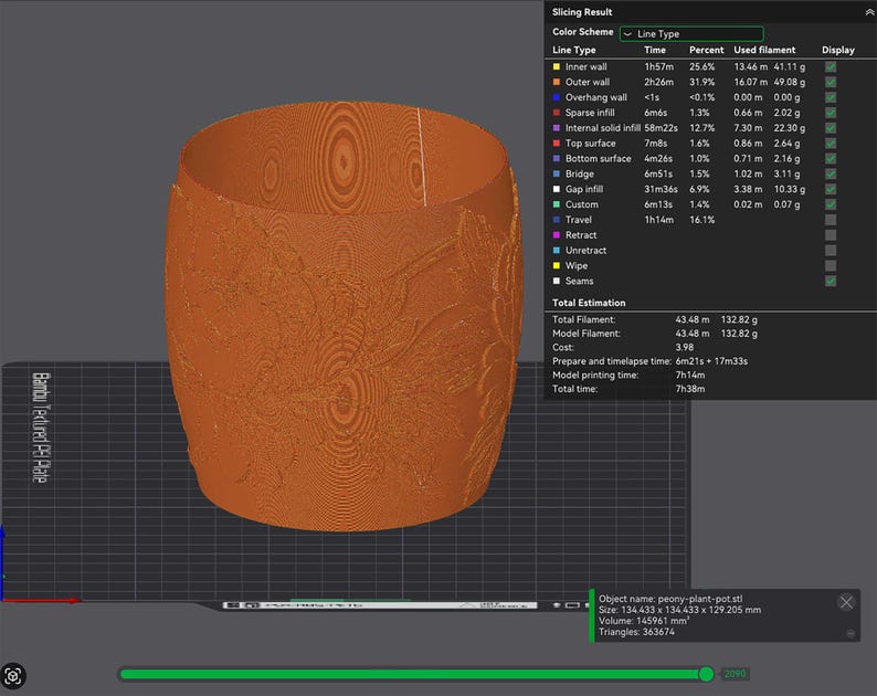 May include: A 3D-printed orange peony plant pot with a textured surface and floral design. The pot's dimensions are 134.433 x 134.433 x 129.205 mm. The total filament used is 43.48 m, and the model printing time is 7 hours and 14 minutes.