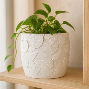 May include: A white ceramic plant pot with a raised leaf pattern, holding a green leafy plant. The pot is cylindrical and sits on a wooden shelf. The plant has long, trailing vines with heart-shaped leaves.