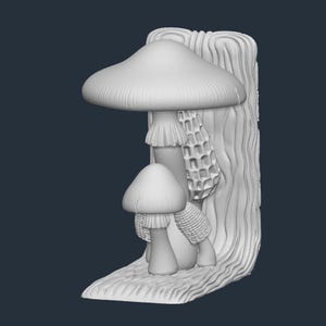 May include: A white, 3D-printed mushroom-themed bookend. The design features two mushrooms of different sizes, with detailed textures, set against a textured wooden backdrop. The bookend is designed to stand upright and support books.