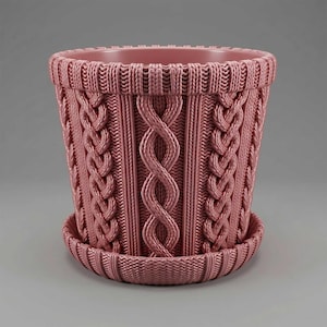 Könnte beinhalten: Ein altrosa Blumentopf mit passendem Untersetzer, der eine geformte Außenstruktur aufweist, die ein grobes Strickmuster mit vertikalen Zopfstrickdetails und einem gerippten Rand am oberen Ende sowie am Boden des Untersetzers nachahmt.