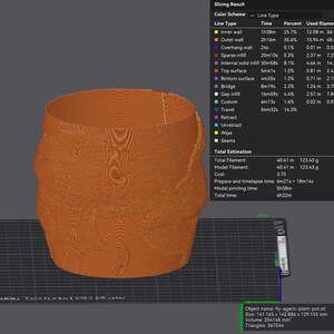 May include: A 3D-printed orange plant pot with a textured wood-grain appearance. The pot has a wide, open top and a bulbous, rounded body. The image includes a slicing result display with technical data, including dimensions of 141.165 x 142.886 x 129.155 mm.