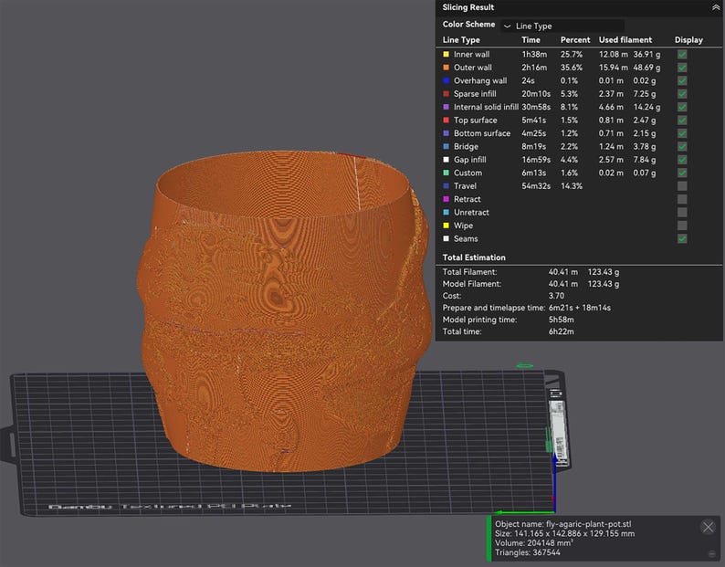 May include: A 3D-printed orange plant pot with a textured wood-grain appearance. The pot has a wide, open top and a bulbous, rounded body. The image includes a slicing result display with technical data, including dimensions of 141.165 x 142.886 x 129.155 mm.