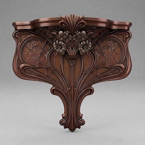 May include: A wall-mounted shelf in a dark bronze finish featuring intricate relief carvings of floral motifs and flowing, organic lines. The design includes a central cluster of sculpted flowers and symmetrical, curved patterns extending outward.