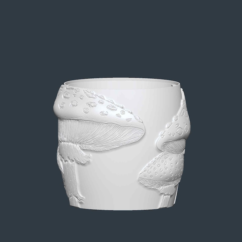 May include: A white cylindrical planter with a detailed relief of mushrooms. The mushrooms have textured caps with spots and detailed gills. The planter is suitable for indoor or outdoor use.