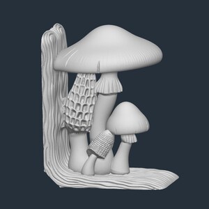 May include: A white mushroom-themed bookend featuring a variety of mushroom shapes and sizes. The bookend has a wooden base and a vertical support with a textured bark design. The mushrooms include a large, umbrella-shaped cap and a morel.