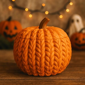 May include: An orange pumpkin-shaped container with a textured, woven design. The container has a stem and a lid. Other pumpkins and a ghost decoration are in the background, with string lights.