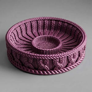 May include: A circular purple bowl featuring a textured surface that mimics a knitted cable pattern. The design includes a raised central circular section surrounded by a wider outer ring, with a braided rope-like border along the top and bottom edges.