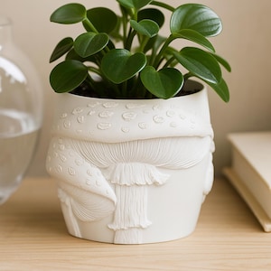 May include: A white ceramic plant pot with a detailed mushroom design. The pot holds a green plant with heart-shaped leaves. The mushroom design is textured and wraps around the pot.