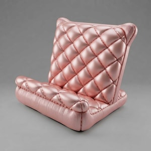 May include: A metallic light pink phone or tablet stand featuring a quilted, diamond-patterned surface with a puffed, cushioned texture. The base and backrest are integrated into a single, angled structure with ribbed side edges.