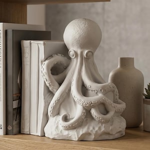 Pode incluir: Uma escultura de apoio de livros de polvo branco com tentáculos detalhados e uma base texturizada. O apoio de livros é colocado entre dois livros numa prateleira de madeira, com um vaso de tons neutros e uma pequena planta no fundo.