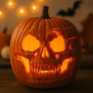 May include: A carved orange pumpkin with a skull face, lit from within. The pumpkin has a dark brown stem and is set against a blurred background with string lights and a bat silhouette, creating a spooky Halloween theme.