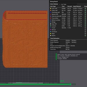 May include: A 3D-printed, dark orange book-shaped object with intricate embossed designs. The object has a curved spine and detailed patterns on the cover. The image also shows slicing information, including time and filament usage.