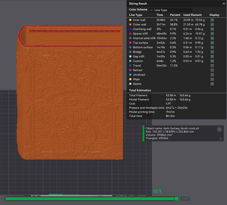 May include: A 3D-printed, dark orange book-shaped object with intricate embossed designs. The object has a curved spine and detailed patterns on the cover. The image also shows slicing information, including time and filament usage.