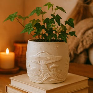 May include: A cream-colored ceramic planter with a raised mushroom design, holding a green ivy plant. The planter is cylindrical and sits on a stack of books. A lit candle and a woven basket are in the background.