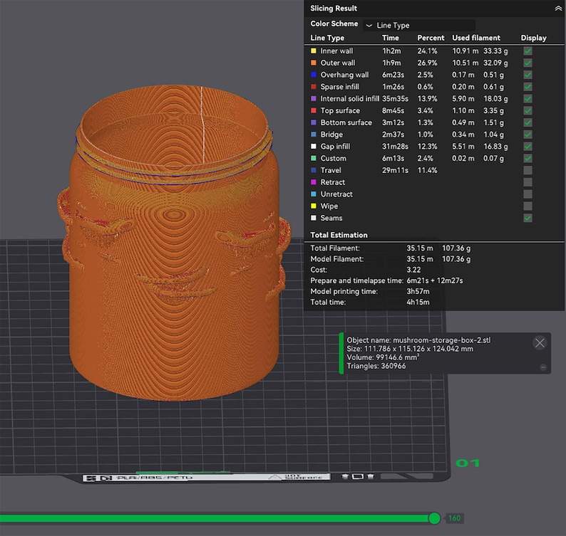 K&ouml;nnte beinhalten: Eine orangefarbene, 3D-gerenderte Pilz-Aufbewahrungsbox mit strukturierter Oberfl&auml;che und zwei Griffen. Die Abmessungen des Objekts betragen 111,786 x 115,126 x 124,042 mm. Das Bild enth&auml;lt Daten zum Slicing.