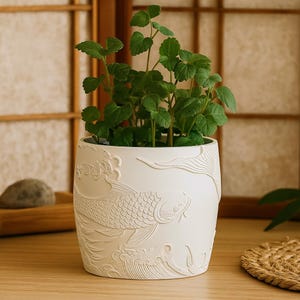 May include: A white ceramic planter with a detailed relief of a koi fish and waves. The planter is filled with green leafy plants. The design is a classic Asian-inspired motif. The planter is a decorative item for indoor or outdoor use.