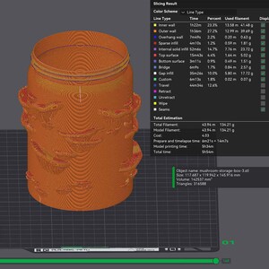 K&ouml;nnte beinhalten: Ein 3D-gedrucktes orangefarbenes Aufbewahrungsglas mit einem Pilzdesign. Das Glas hat eine strukturierte Oberfl&auml;che und einen Schraubdeckel. Die Abmessungen betragen ca. 11,77 x 11,99 x 14,59 cm. Das Glas ist f&uuml;r die Aufbewahrung konzipiert.