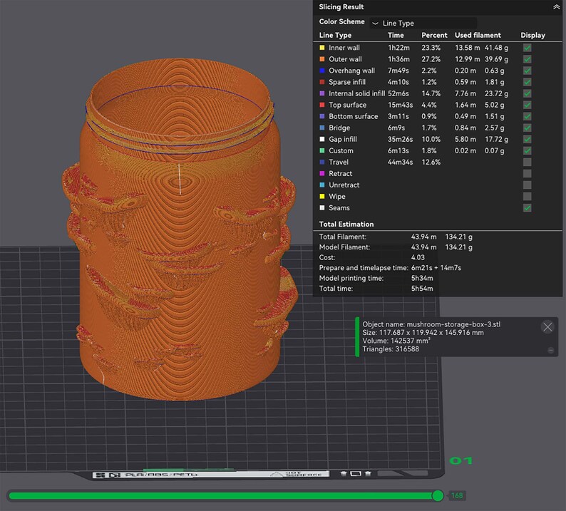 K&ouml;nnte beinhalten: Ein 3D-gedrucktes orangefarbenes Aufbewahrungsglas mit einem Pilzdesign. Das Glas hat eine strukturierte Oberfl&auml;che und einen Schraubdeckel. Die Abmessungen betragen ca. 11,77 x 11,99 x 14,59 cm. Das Glas ist f&uuml;r die Aufbewahrung konzipiert.