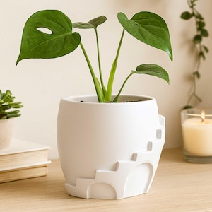 Könnte beinhalten: Weißer Keramik-Pflanztopf mit Treppendesign. Er enthält eine grüne Monstera-Pflanze mit großen Blättern. Der Topf ist etwa 15 cm hoch, geeignet für den Innenbereich. Eine stilvolle Ergänzung für jedes Zuhause.