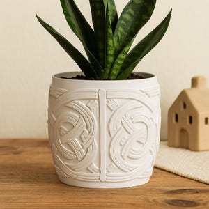 May include: A white ceramic planter with a detailed, raised geometric design. The planter holds a green snake plant. A small, tan house figurine is in the background, suggesting a home decor theme.