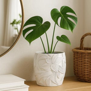 Op de afbeelding: Een Monstera-plant in een witte, cilindrische bloempot met een verhoogd bloemmotief. De plant heeft grote, groene, gespleten bladeren. De pot staat op een houten oppervlak, met een rieten mand en een ronde spiegel op de achtergrond.