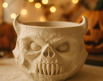 May include: A cream-colored skull-shaped planter with a wide opening, two horns, and a detailed face. The planter has a textured surface with cracks and a row of teeth. Perfect for Halloween or gothic decor.