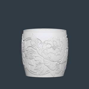 May include: White cylindrical container with a detailed embossed floral design. The design features a large peony flower and leaves, creating a textured surface. The container has a smooth, rounded rim and a dark background.