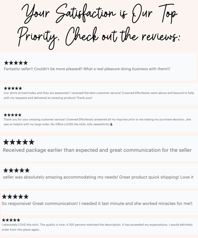 May include: Five-star reviews for a shop with the text "Your Satisfaction is Our Top Priority. Check out the reviews:". The reviews highlight the seller's excellent customer service, fast shipping, and high-quality products.