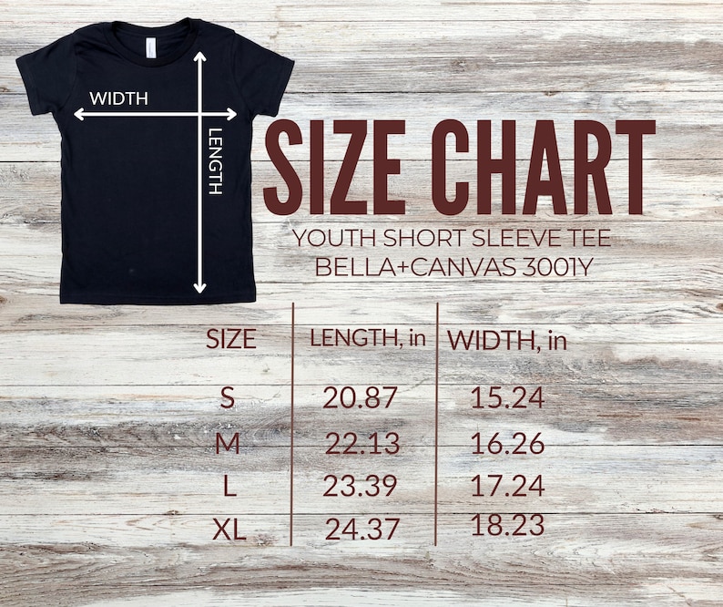 Pu&ograve; includere: Tabella delle taglie per t-shirt a maniche corte per ragazzi di Bella + Canvas 3001Y. La tabella mostra la lunghezza e la larghezza in pollici per le taglie S, M, L e XL.